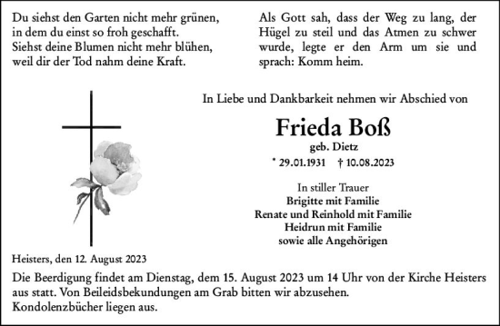 Traueranzeige von Frieda Boß von VRM Trauer