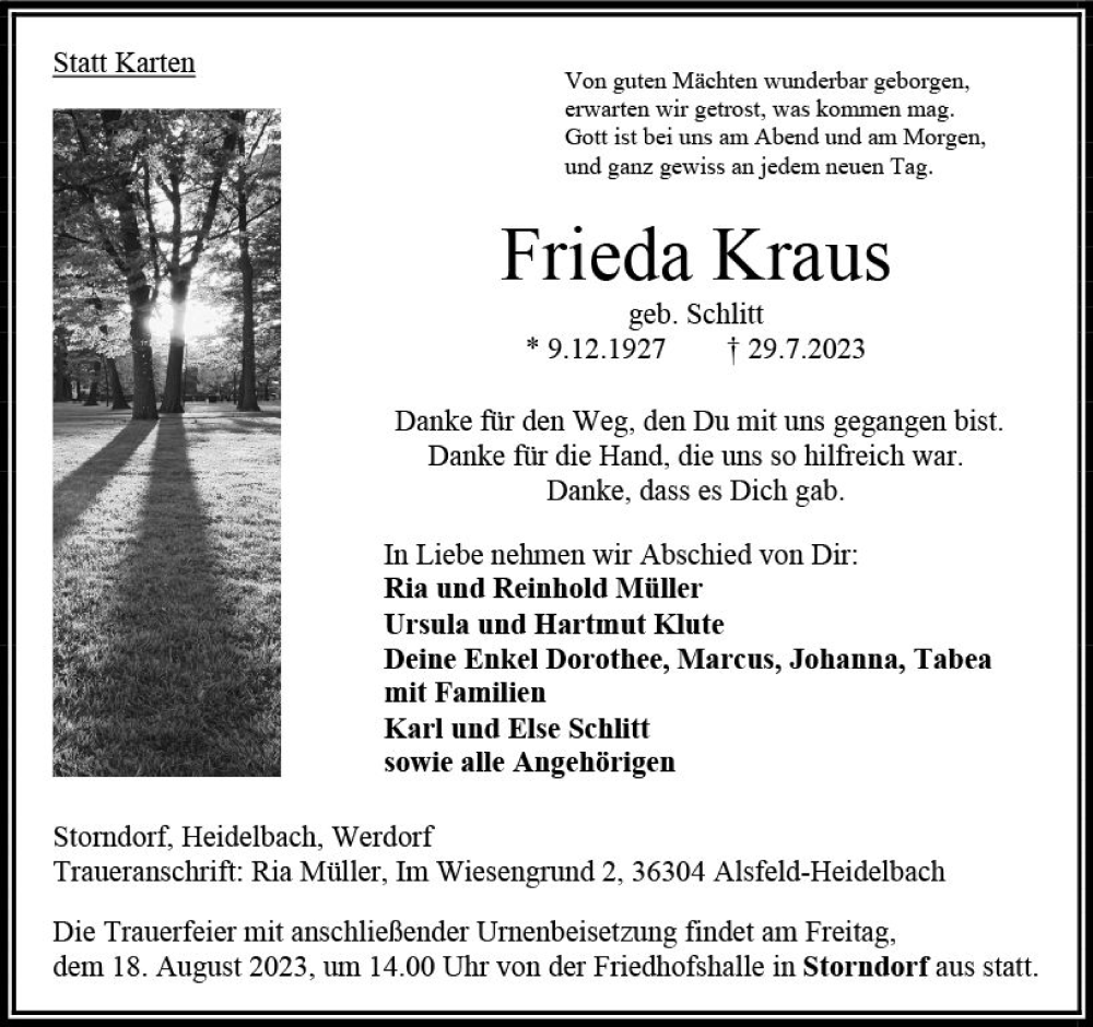 Traueranzeige für Frieda Kraus vom 12.08.2023 aus Oberhessen Kurier