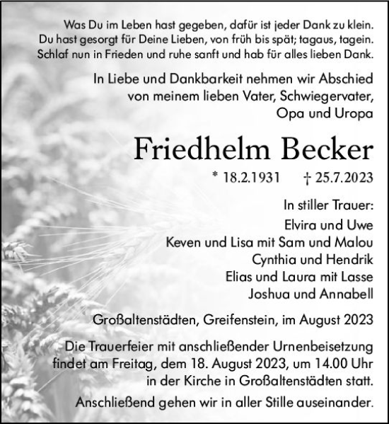 Traueranzeige von Friedhelm Becker von Wetzlarer Neue Zeitung