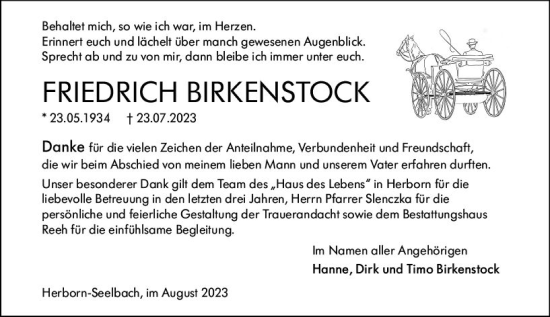 Traueranzeige von Friedrich Birkenstock von Dill Block
