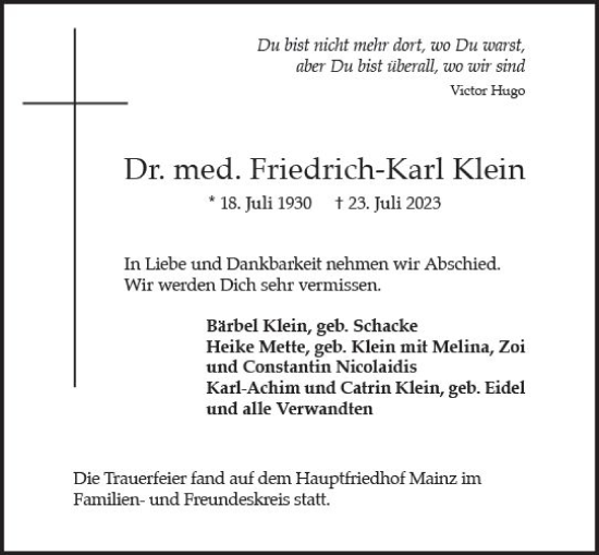 Traueranzeige von Friedrich-Karl Klein von Allgemeine Zeitung Mainz