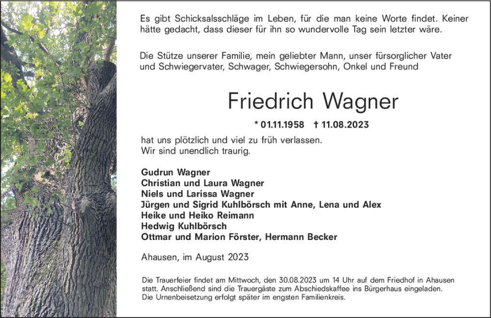  Traueranzeige für Friedrich Wagner vom 28.08.2023 aus Weilburger Tageblatt