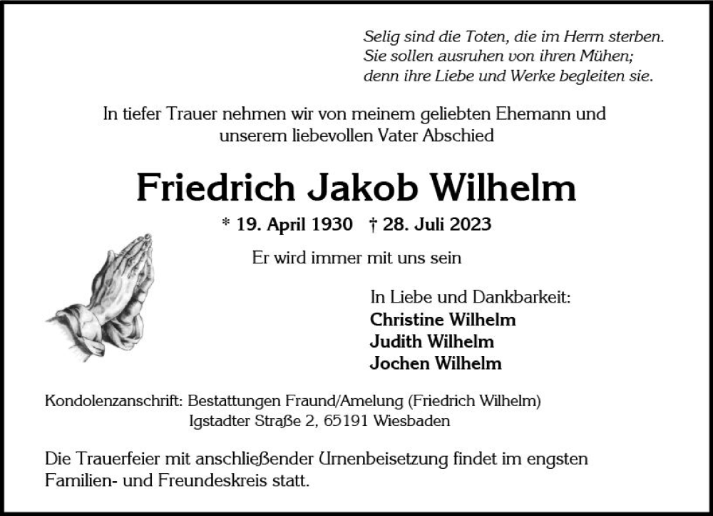  Traueranzeige für Friedrich Jakob Wilhelm vom 05.08.2023 aus Wiesbadener Kurier