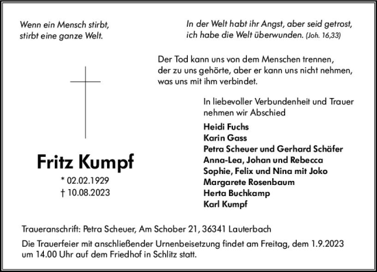 Traueranzeige von Fritz Kumpf von VRM Trauer
