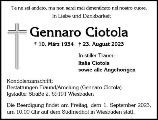 Traueranzeige von Gennaro Ciotola von Wiesbadener Kurier
