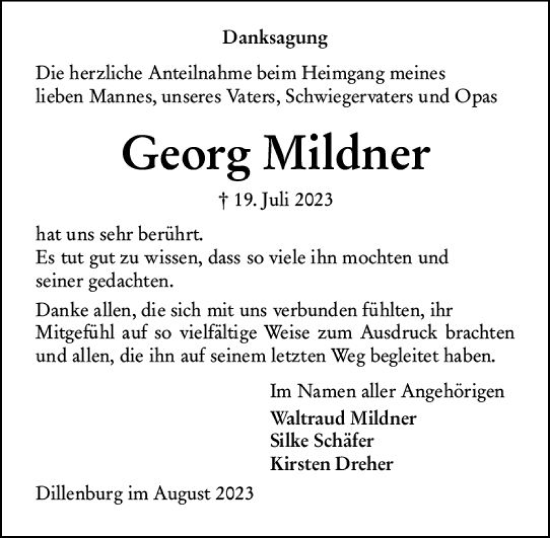 Traueranzeige von Georg Mildner von Dill Block