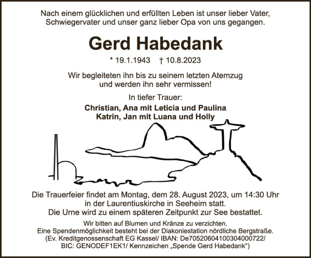  Traueranzeige für Gerd Habedank vom 19.08.2023 aus Darmstädter Echo