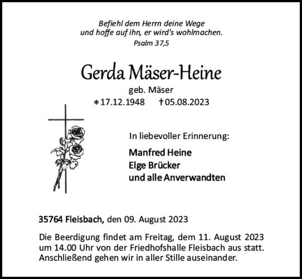  Traueranzeige für Gerda Mäser-Heine vom 09.08.2023 aus Dill Block