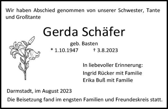 Traueranzeige von Gerda Schäfer von Darmstädter Echo
