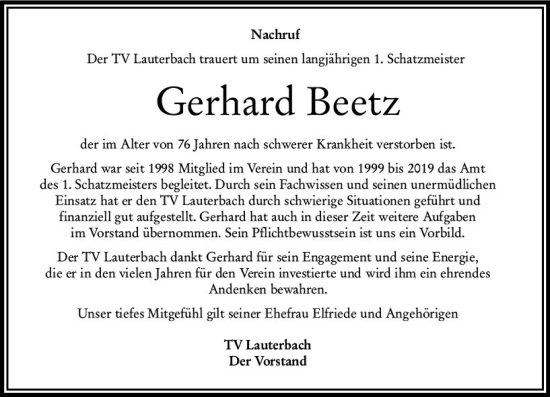 Traueranzeige von Gerhard Beetz von VRM Trauer