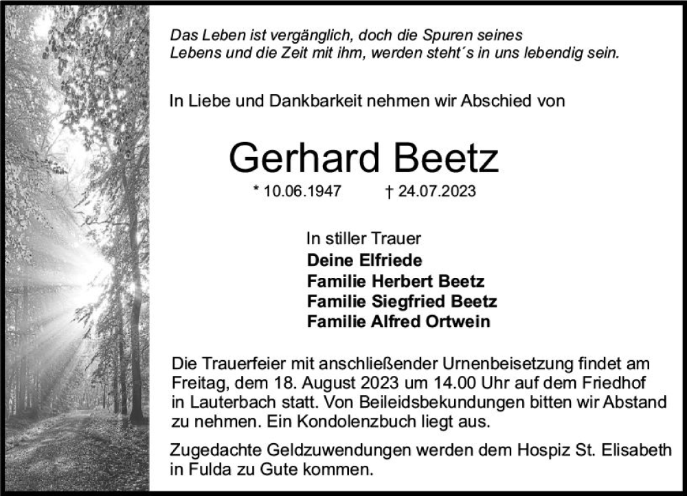  Traueranzeige für Gerhard Beetz vom 12.08.2023 aus VRM Trauer
