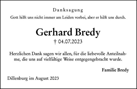Traueranzeige von Gerhard Bredy von Dill Block
