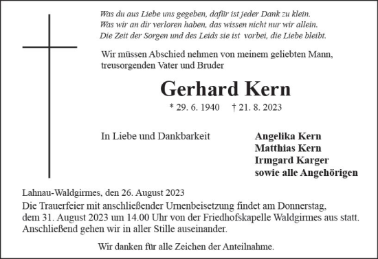 Traueranzeige von Gerhard Kern von Wetzlarer Neue Zeitung