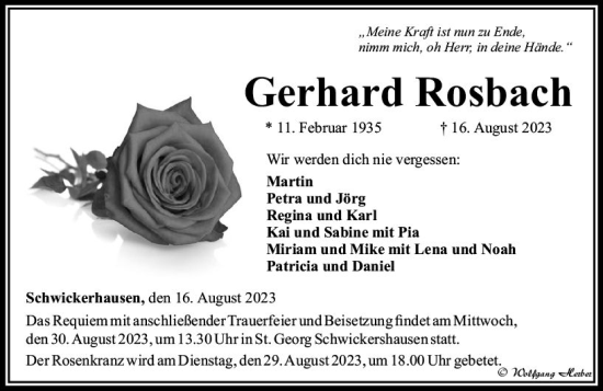 Traueranzeige von Gerhard Rosbach von Camberger Anzeiger