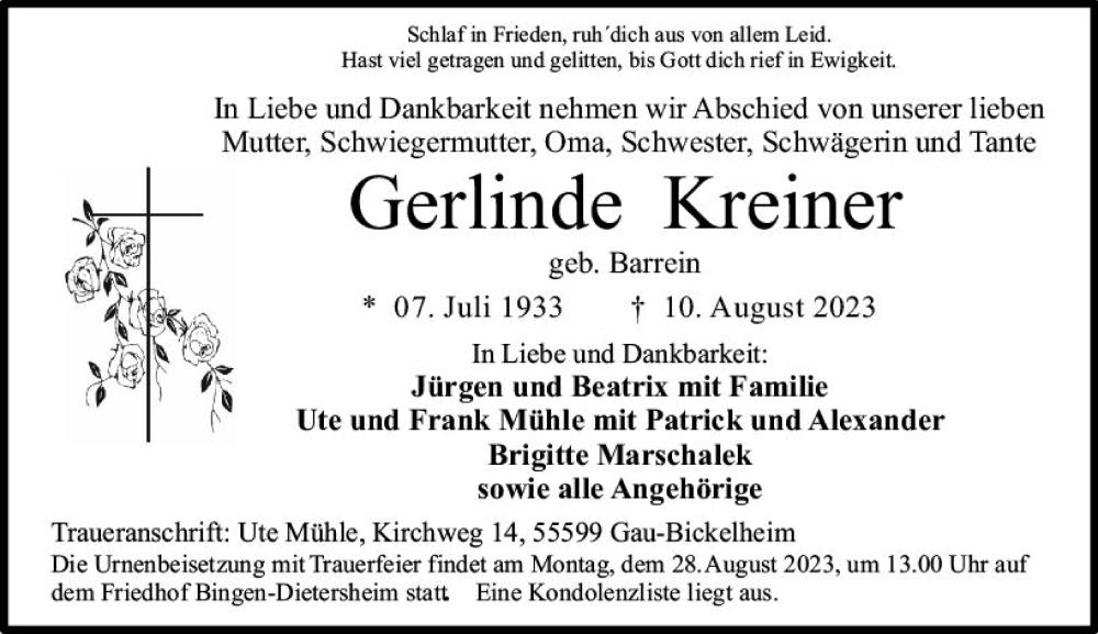  Traueranzeige für Gerlinde Kreiner vom 19.08.2023 aus Bingen/Ingelheim WOBL inkl. Neue Binger Ztg.