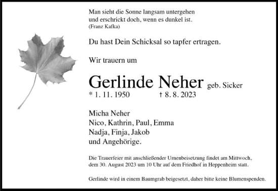 Traueranzeige von Gerlinde Neher von Starkenburger Echo