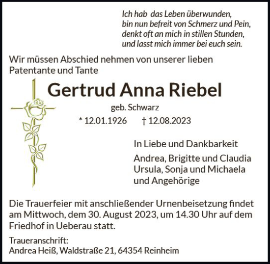 Traueranzeige von Gertrud Anna Riebe von Darmstädter Echo