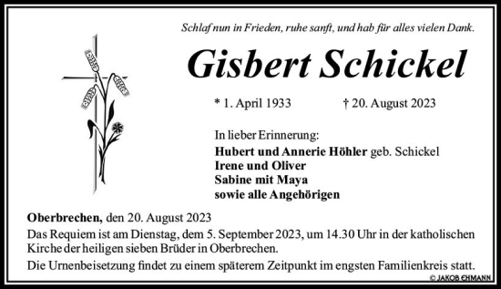 Traueranzeige von Gisbert Schickel von Nassauische Neue Presse
