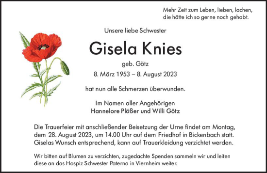 Traueranzeige von Gisela Knies von Darmstädter Echo