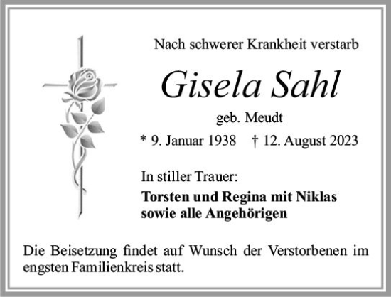 Traueranzeige von Gisela Sahl von Camberger Anzeiger
