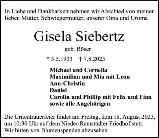 Traueranzeige von Gisela Siebertz von Darmstädter Echo