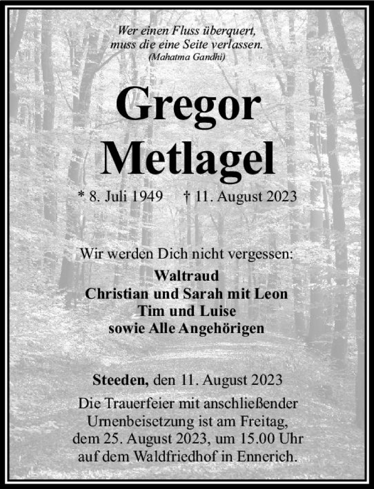  Traueranzeige für Gregor Metlager vom 19.08.2023 aus Nassauische Neue Presse