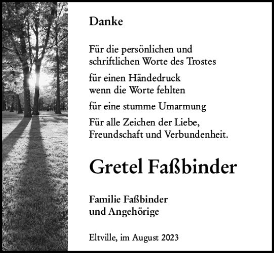 Traueranzeige von Gretel Faßbinder von Rheingau Kurier