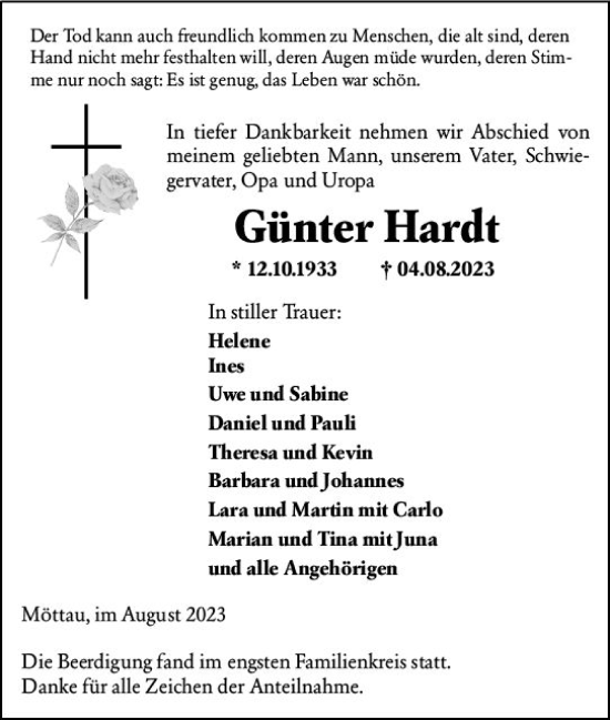 Traueranzeige von Günter Hardt von Weilburger Tageblatt