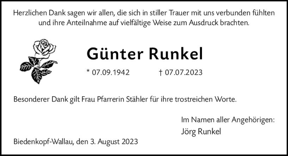  Traueranzeige für Günter Runkel vom 03.08.2023 aus Hinterländer Anzeiger