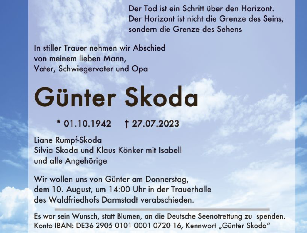  Traueranzeige für Günter Skoda vom 05.08.2023 aus Darmstädter Echo