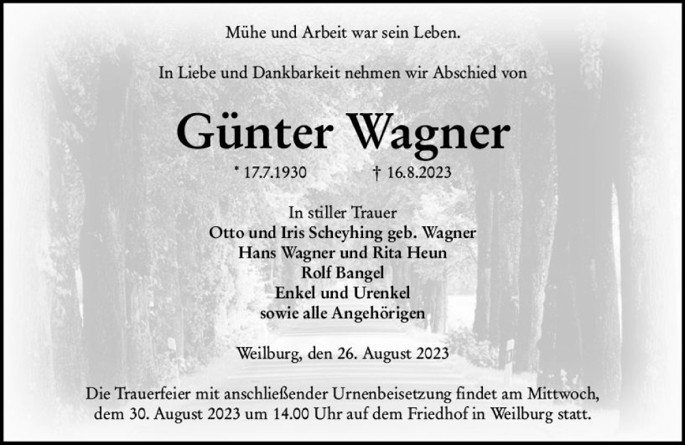  Traueranzeige für Günter Wagner vom 26.08.2023 aus Weilburger Tageblatt