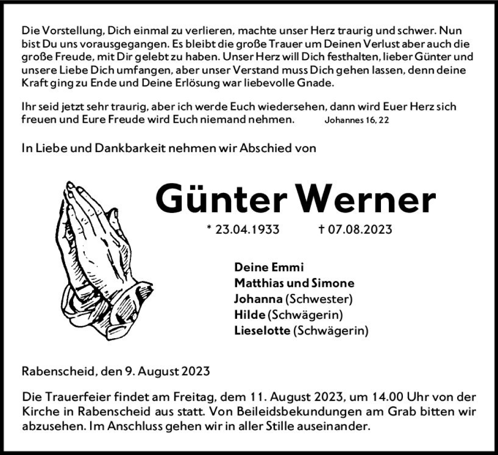  Traueranzeige für Günter Werner vom 09.08.2023 aus Dill Block