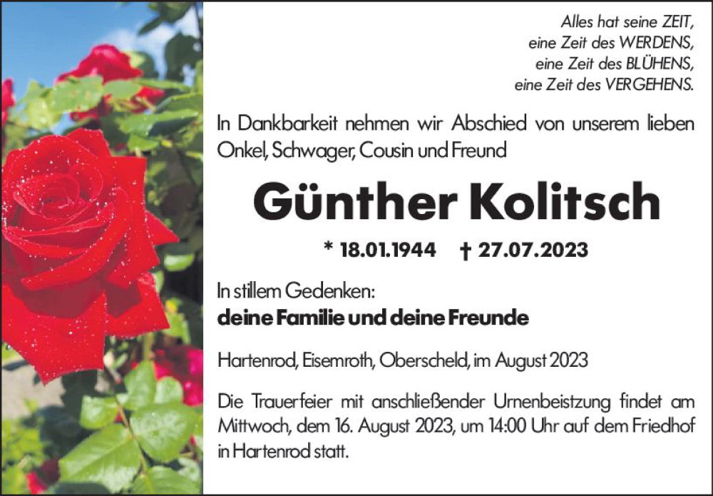  Traueranzeige für Günther Kolitsch vom 09.08.2023 aus Hinterländer Anzeiger