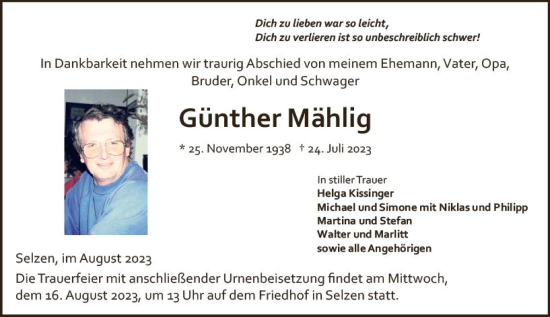 Traueranzeige von Günther Mählig von Allgemeine Zeitung Mainz