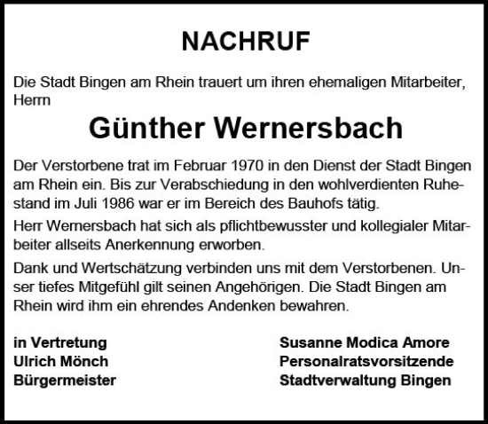 Traueranzeige von Günther Wernersbach von Allgemeine Zeitung Bingen/Ingelheim