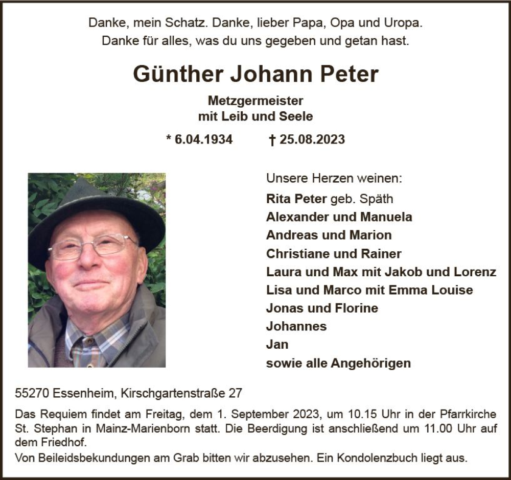  Traueranzeige für Günther Johann Peter vom 30.08.2023 aus Allgemeine Zeitung Mainz