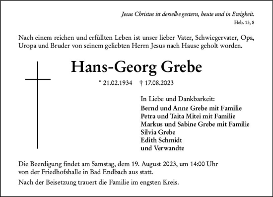 Traueranzeige von Hans-Georg Grebe von Hinterländer Anzeiger
