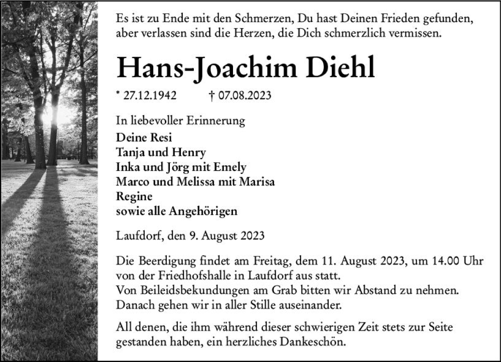  Traueranzeige für Hans-Joachim Diehl vom 09.08.2023 aus Wetzlarer Neue Zeitung