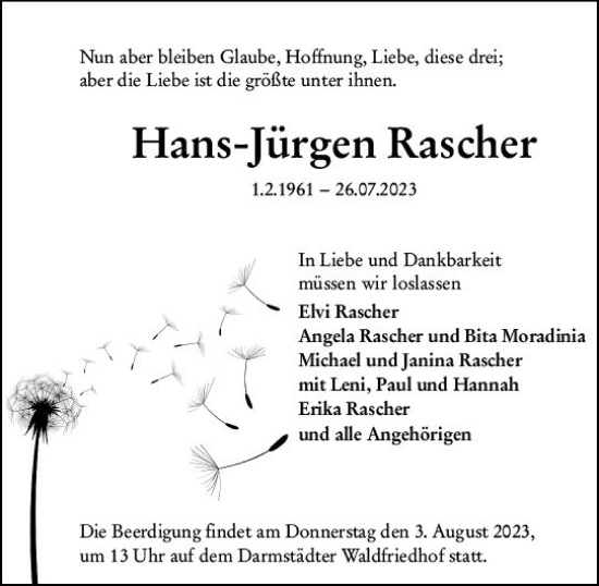 Traueranzeige von Hans-Jürgen Rascher von Darmstädter Echo