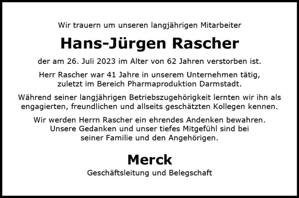  Traueranzeige für Hans-Jürgen Rascher vom 05.08.2023 aus Darmstädter Echo