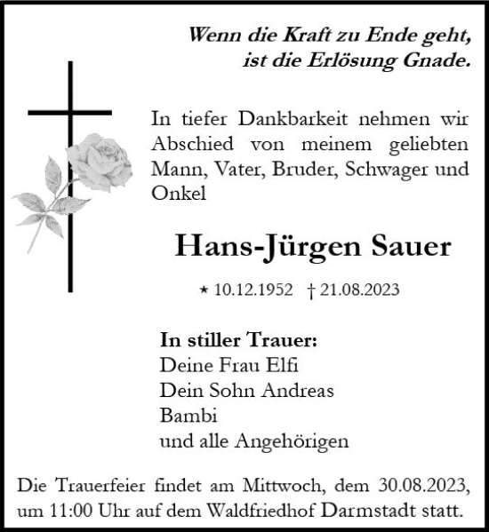 Traueranzeige von Hans-Jürgen Sauer von Darmstädter Echo