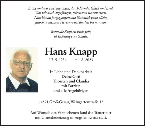 Traueranzeige von Hans Knapp von Groß-Gerauer Echo