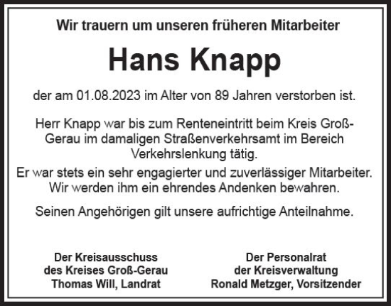 Traueranzeige von Hans Knapp von Groß-Gerauer Echo