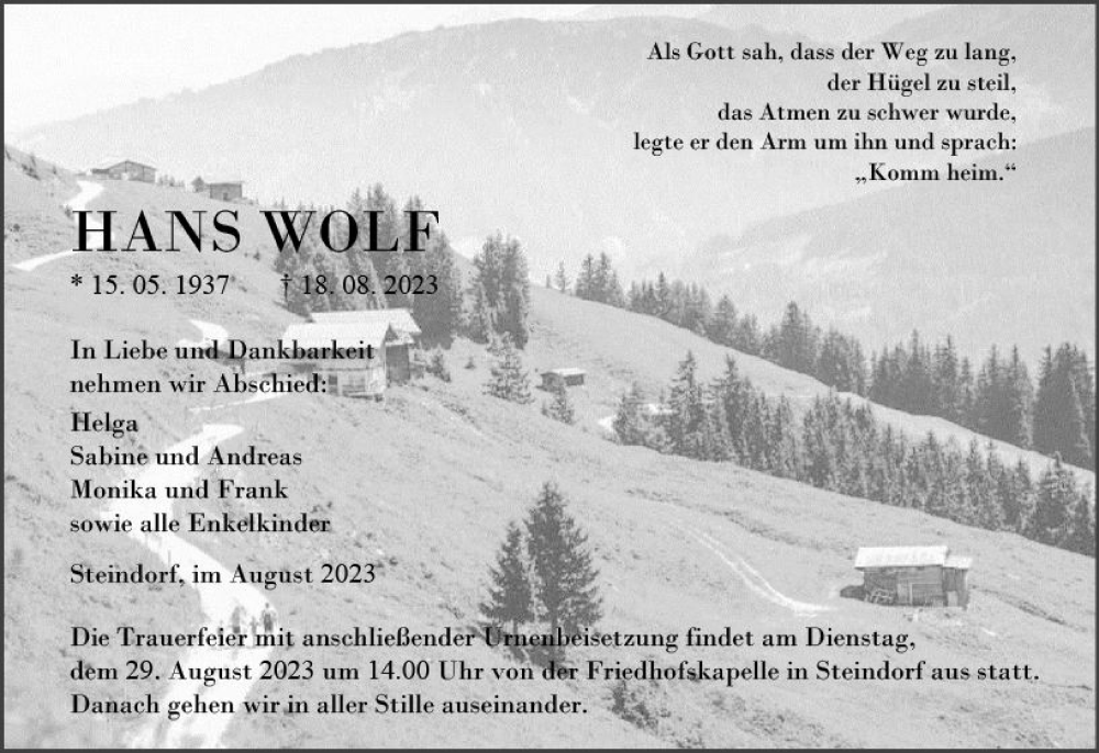  Traueranzeige für Hans Wolf vom 26.08.2023 aus Wetzlarer Neue Zeitung