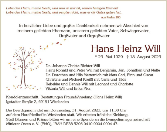 Traueranzeige von Hans Heinz Will von Wiesbadener Kurier