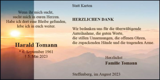Traueranzeige von Harald Tomann von Hinterländer Anzeiger