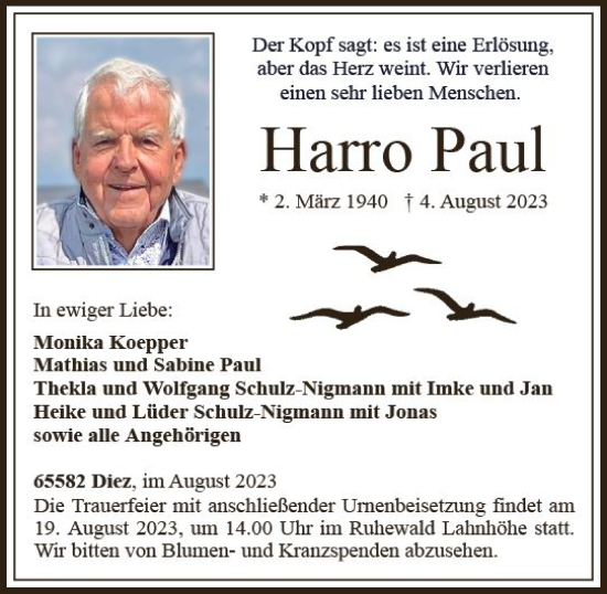 Traueranzeige von Harro Paul von Nassauische Neue Presse