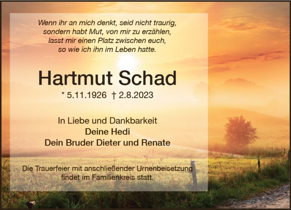  Traueranzeige für Hartmut Schad vom 11.08.2023 aus VRM Trauer