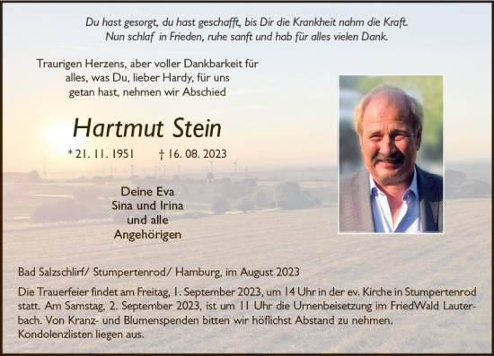 Traueranzeige von Hartmut Stein von VRM Trauer