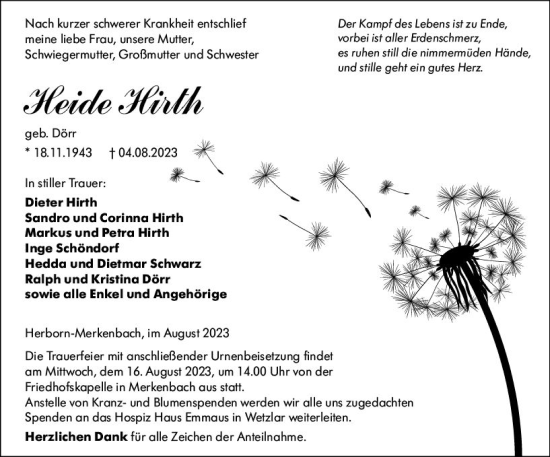 Traueranzeige von Heide Hirth von Dill Block